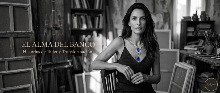 imagen de una mujer en blanco y negro llevando un collar de alta joyeria
