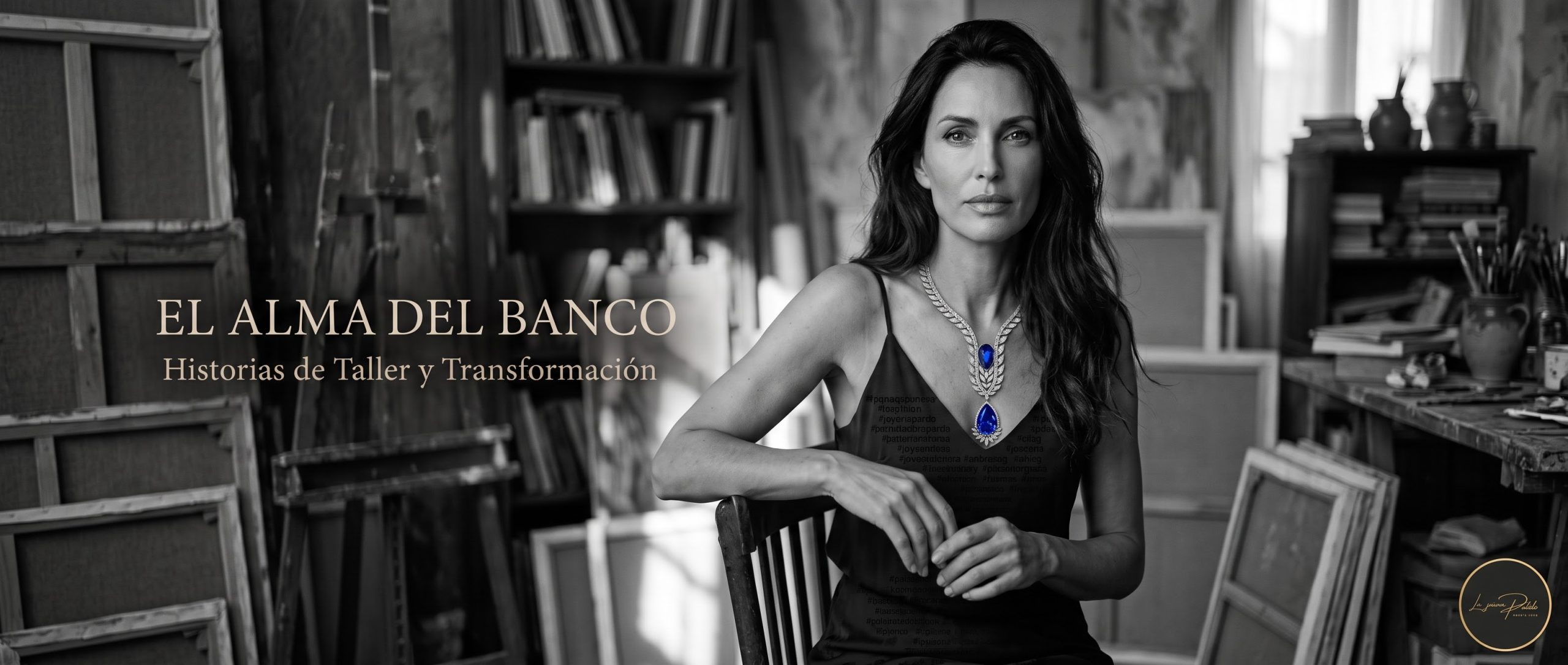 imagen de una mujer en blanco y negro llevando un collar de alta joyeria